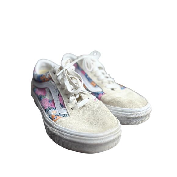 VAN's Old Skool Cream Suede Leather w/ Pink Floral Print Multi-Color - W.8 - EUC - Picture 7 of 9